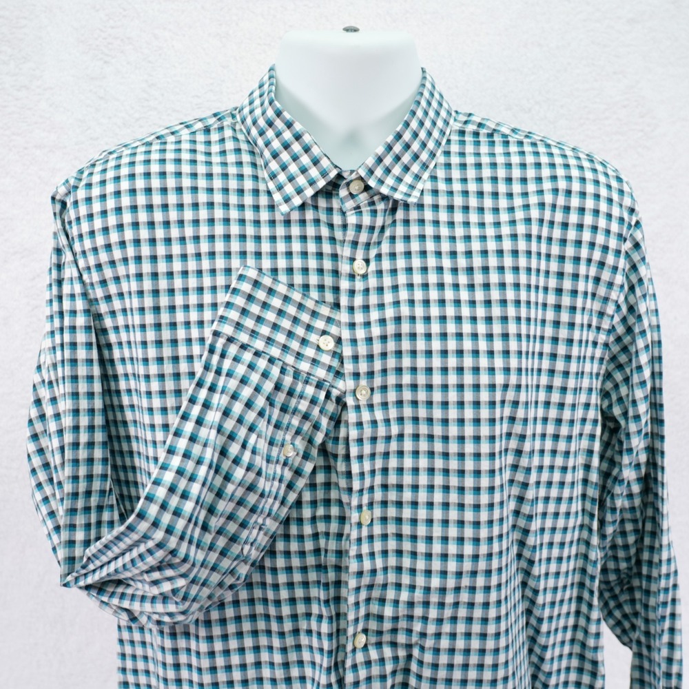 Express Men's Fitted Plaid Collared Dress Shirt -XL 17-17.5- Long Sleeve Green
